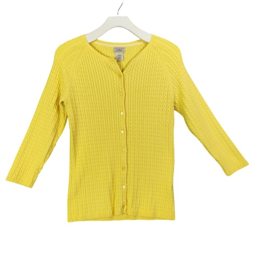 L.L. Bean Womens Preppy Coastal Cable Knit Cardigan L Yellow 3/4 Sleeve Cotton
